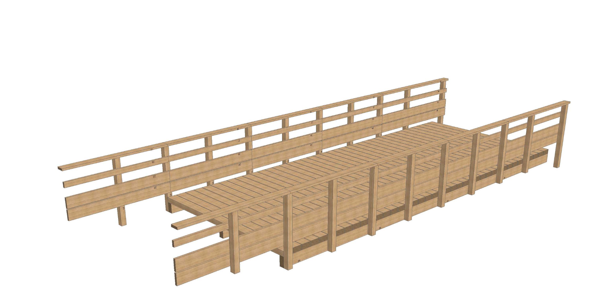 Modèle 3D final structure bois du pont — plans d'exécution SEMA pour réfection platelage et garde-corps